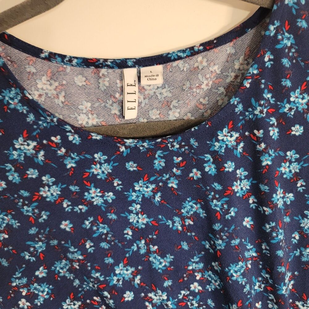 Elle Navy Blue Floral Side Tie Sleeveless Blouse Top Women's Large Soft Stretch - Picture 3 of 7